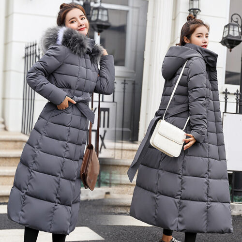 lady's Parka Winter Long Cotton Jacket Knee Coat Slim Warm Hooded Fur Outwear