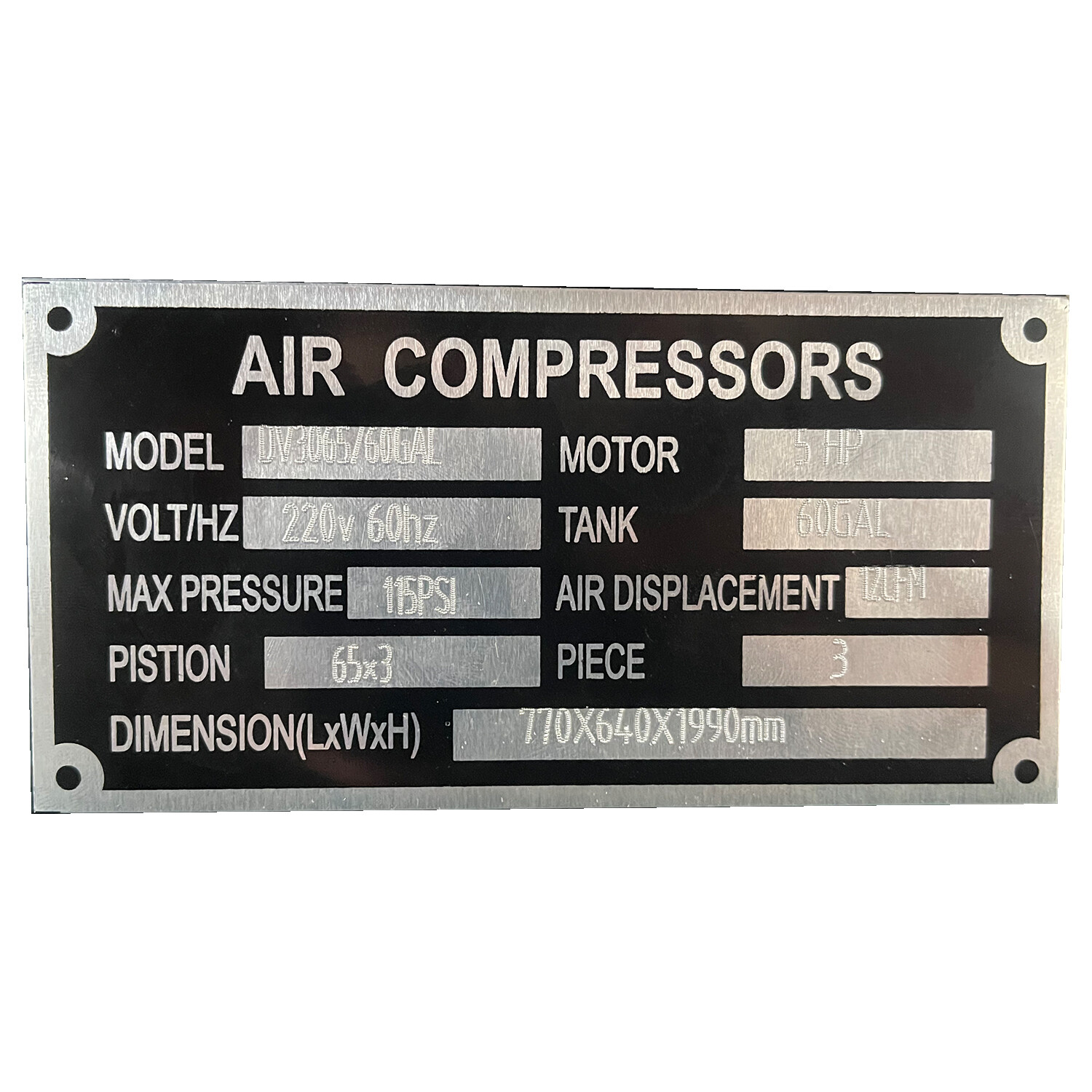 Piston Air Compressor 3 Cylinders 5HP 115Psi 16Cfm 60 ASME Gallon Tank
