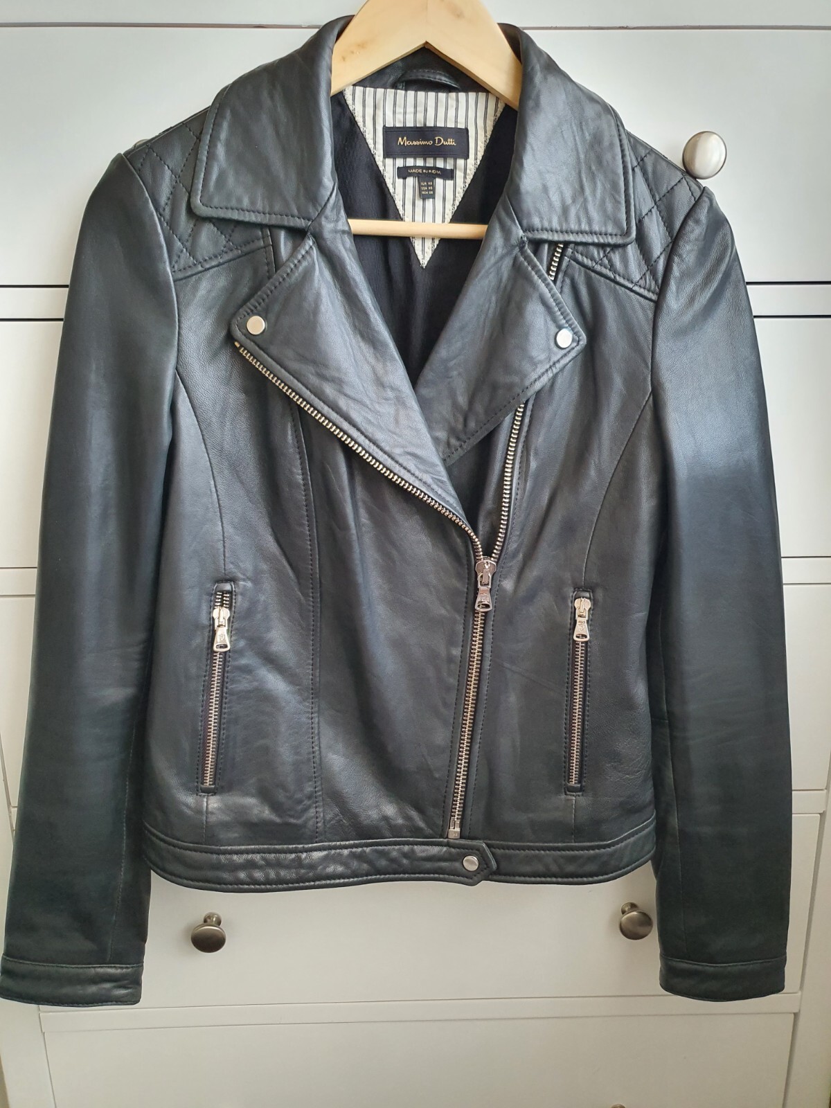 Massimo Dutti Biker Leather Jacket Black Size XS RRP £229