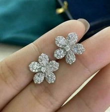 3Ct Round Cut Flower Real Moissanite Stud Earrings 14K White Gold Plated