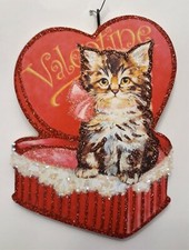 BROWN CAT, KITTEN in HEART SHAPED BOX * Glitter VALENTINE ORNAMENT * Vtg Img