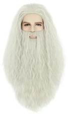 Men Long Curly Grey Wizard Wig and Beard Halloween Cosplay Costume Accessory Wig