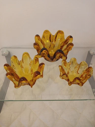 Vintage "Murano Italy" Amber Stretch Glass Nesting Bowls Set Of 3 Handblown...
