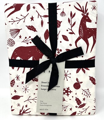 West Elm~ Scandi Deer Sheet Set~ Nordic Stag Rustic~White~Red~King~NEW