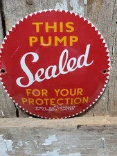 VINTAGE SHELL PORCELAIN SIGN OLD GAS PUMP SEALED SAFETY PLATE MOTOR OIL 6" SIGN