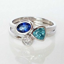 925 Sterling Silver White Topaz Blue Rhinestone Wedding Engagement Ring Size 9