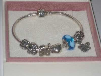 PANDORA SILVER CHARM BRACELET WITH PANDA HEART PRAM BUTTERFLY