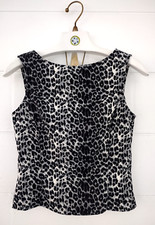 Vtg 90s Y2k Black Animal Print Tailored Tank Top Front Round Back V-Neck Zip S-M