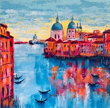 Original painting Venice Italy Grand Canal, Abstract cityscape, Colorful 12x12''