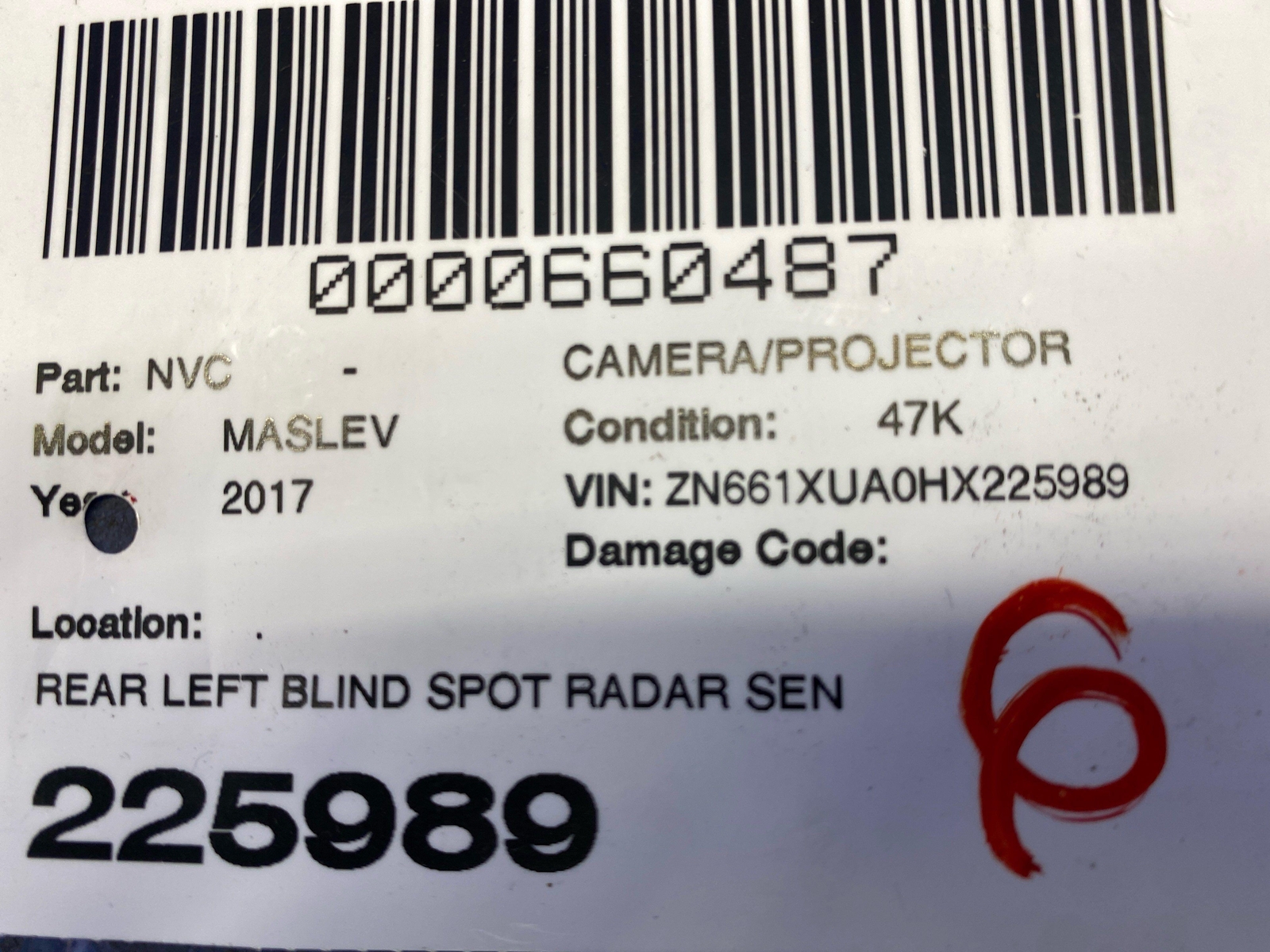 2017-2020 MASERATI LEVANTE REAR LEFT BLIND SPOT RADAR SENSOR MODULE 670034752