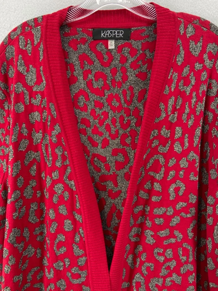 Cárdigan Kasper Mujer Talla 2X Rojo Gris Animal Frente Abierto Manga Larga Largo Foto 2 de 4