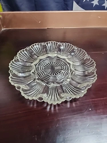 Clear glass deviled egg plate by Anchor Hocking