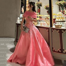 Evening Dress Custom Off The Shoulder Boat Neck Beading A Line Satin Prom Gown
