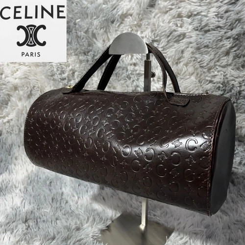CELINE Macadam Leather Mini Boston Handbag Brown C Logo Embossed Authentic Used