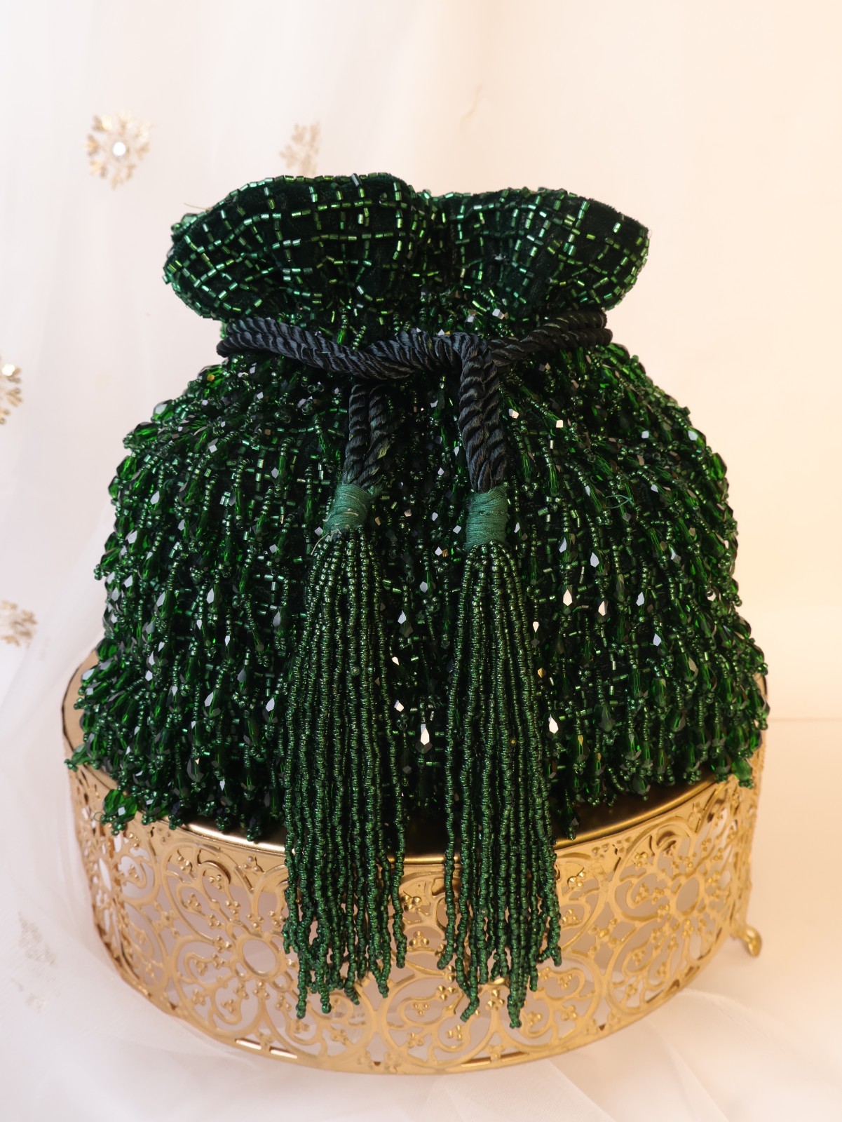 Green Crystal Potli Bag with Long Tassels Emerald Green Pouch Bag Purse