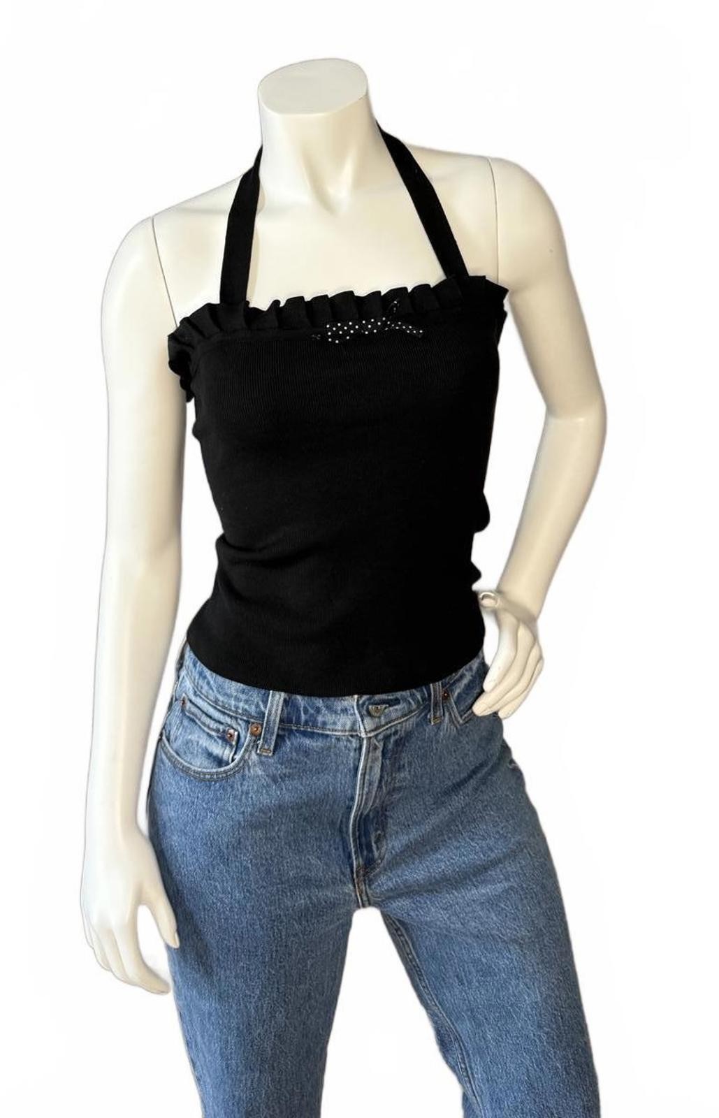 Design History Women’s Halter Top Black Ruffle Trim Knit Tank Size M