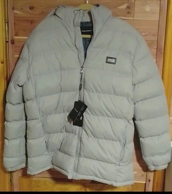 Dolce & Gabbana Quilted Puffer Jacket Mens 52 L Gray Metal Logo Plaque NEW Italy