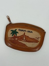 Hand Crafted   Guam USA   Painted Leather Zip Up Coin Pouch Purse 4.25  x 3  EUC