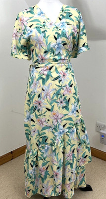 LA Look Again MIDI Wrap Dress Size 12 Yellow & White Pink Floral Tie Belt Waist