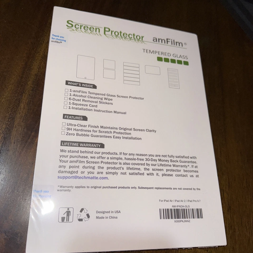 Протектор экрана iPad 9.7, Pro 9.7, Air, Air 2 amFilm закаленное стекло (1 упаковка) - Изображение 2 из 3