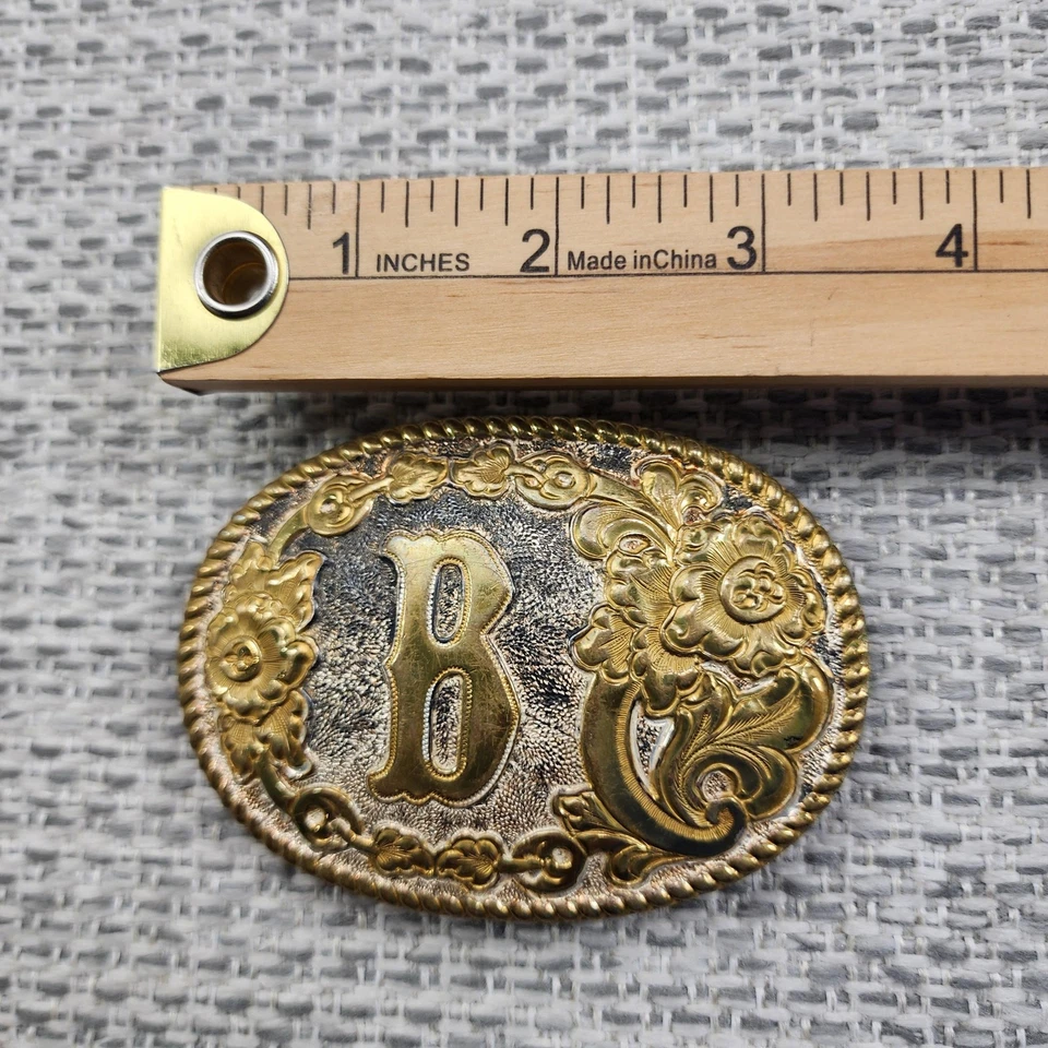 Crumrine Belt Buckle Mens One Size Gold Silver B Monogram Western Floral USA - Image 2 of 4