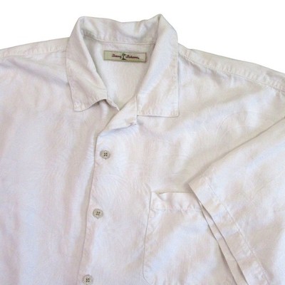 Tommy Bahama Mens Loop Collar Camp Shirt L Ivory Cream Silk Pocket Short Sleeve