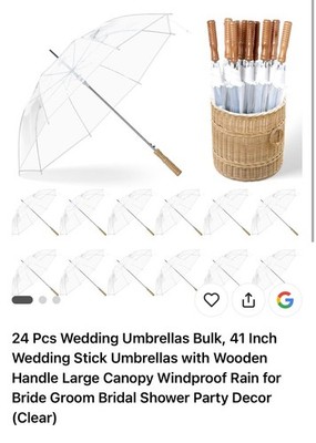24pc Bulk Transparent Wedding Stick Umbrellas Clear Dome Auto Open Wooden Handle
