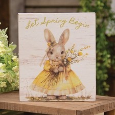 NEW PRIMITIVE BUNNY Wood Block LET SPRING BEGIN FARMHOUSE 6"Hx5"Wx3/4"Thick
