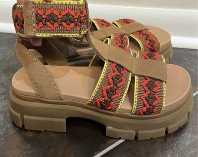 UGG Women's Brown Suede Strappy Sandals Embroidered Geometric Straps