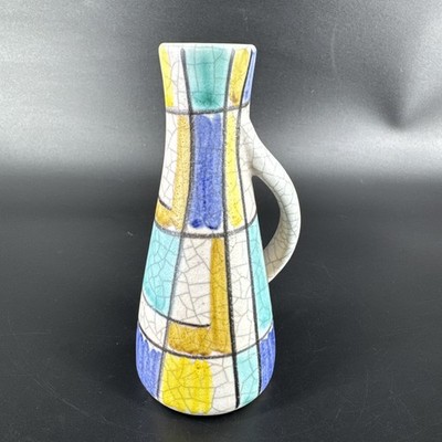 Bud Vase W/ Handle Color Block Crackle Design Blue Green Yellow Black Grid Lines
