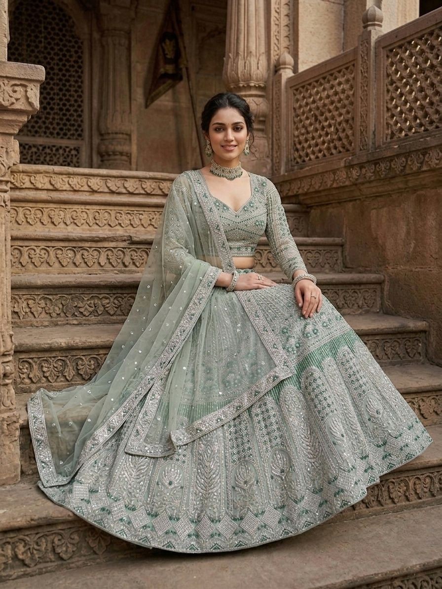 mint green indian dress Nitika Gujral | Vibrant Mint Green Lehenga Set
