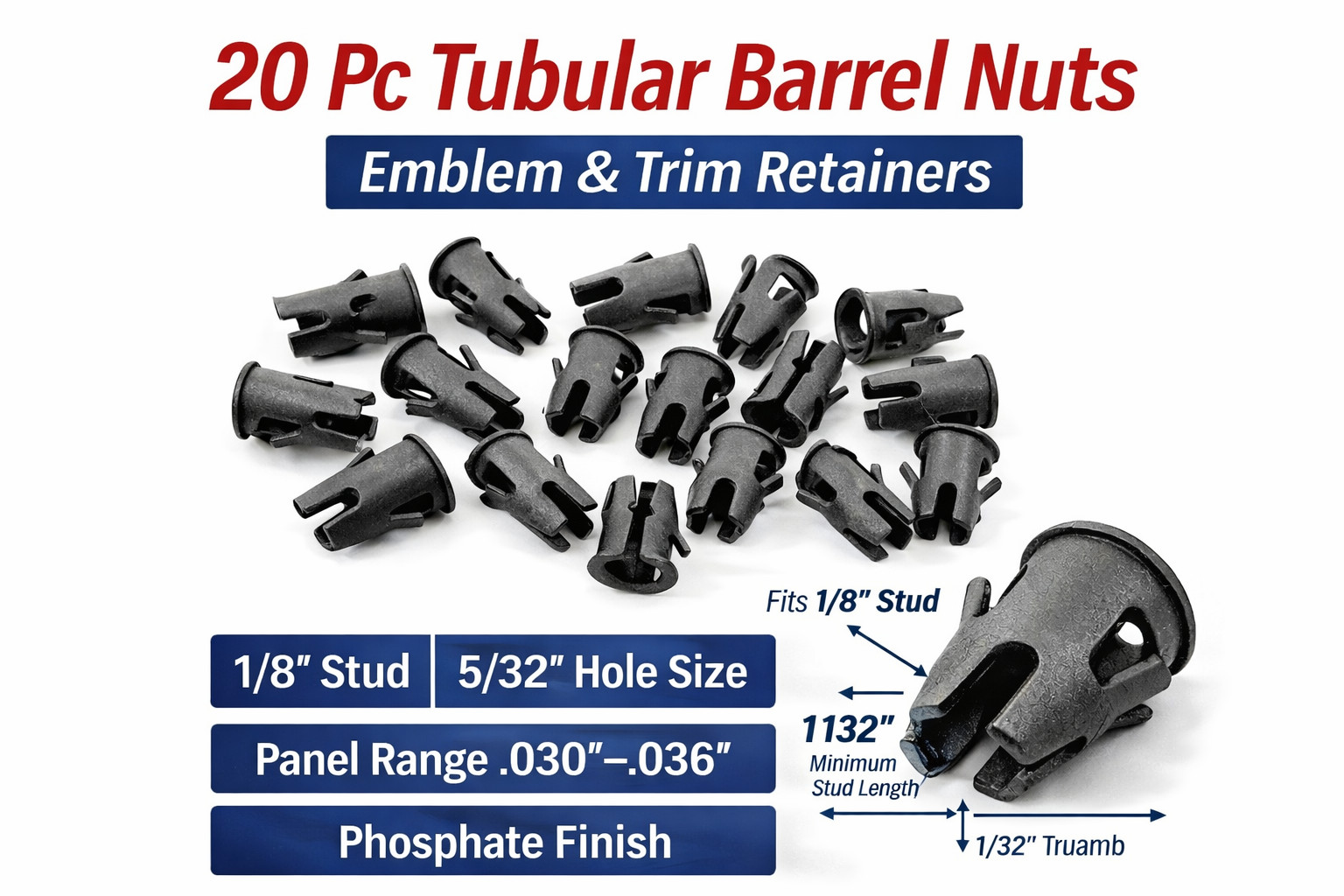 Ford Truck Barrel Clips- Fits  1/8" Stud- 3/16" Hole-  Emblem Trim etc- 20 units