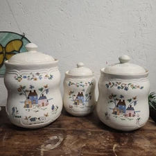 3 Vintage International China HEARTLAND Stoneware Kitchen Canisters Cottagecore