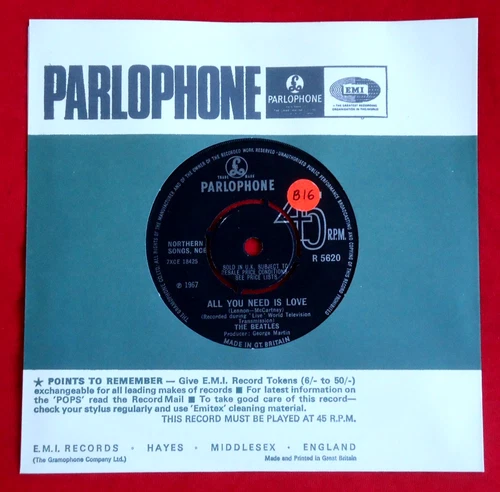 THE BEATLES - ALL YOU NEED IS LOVE -2/-2 UK 1967 1st PRESS 7" VINYL EX/EX