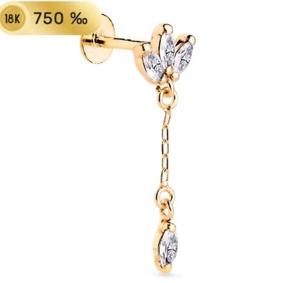 Piercing Ohr Gold 18k 750 Mls. Zirkonia Und Kette 22x7 Mm. Stab 1,2 MM