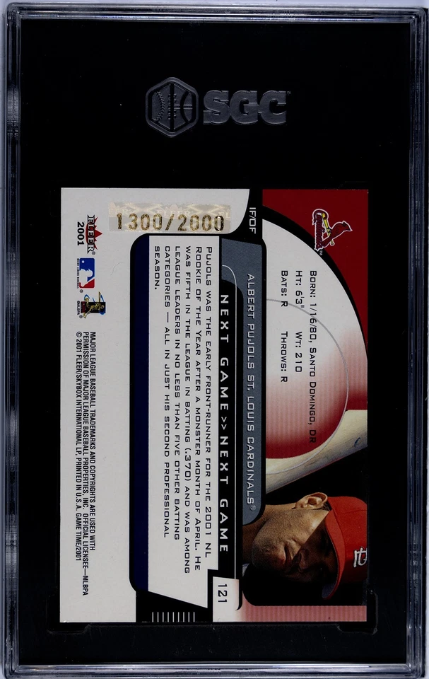 2001 FLEER GAME TIME ALBERT PUJOLS (NEXT GAME #1300/2000) ROOKIE (RC) #121 SGC 5 - Image 2 of 2