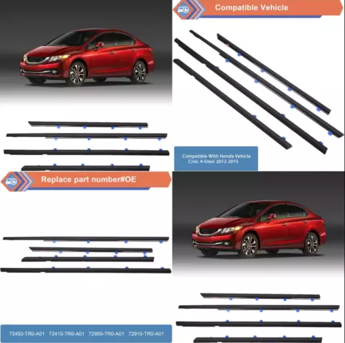 4 PACK Sello Burlete Moldura Ventana Exterior Coche Para Honda Civic 2012 - 2015 - Picture 1 of 9