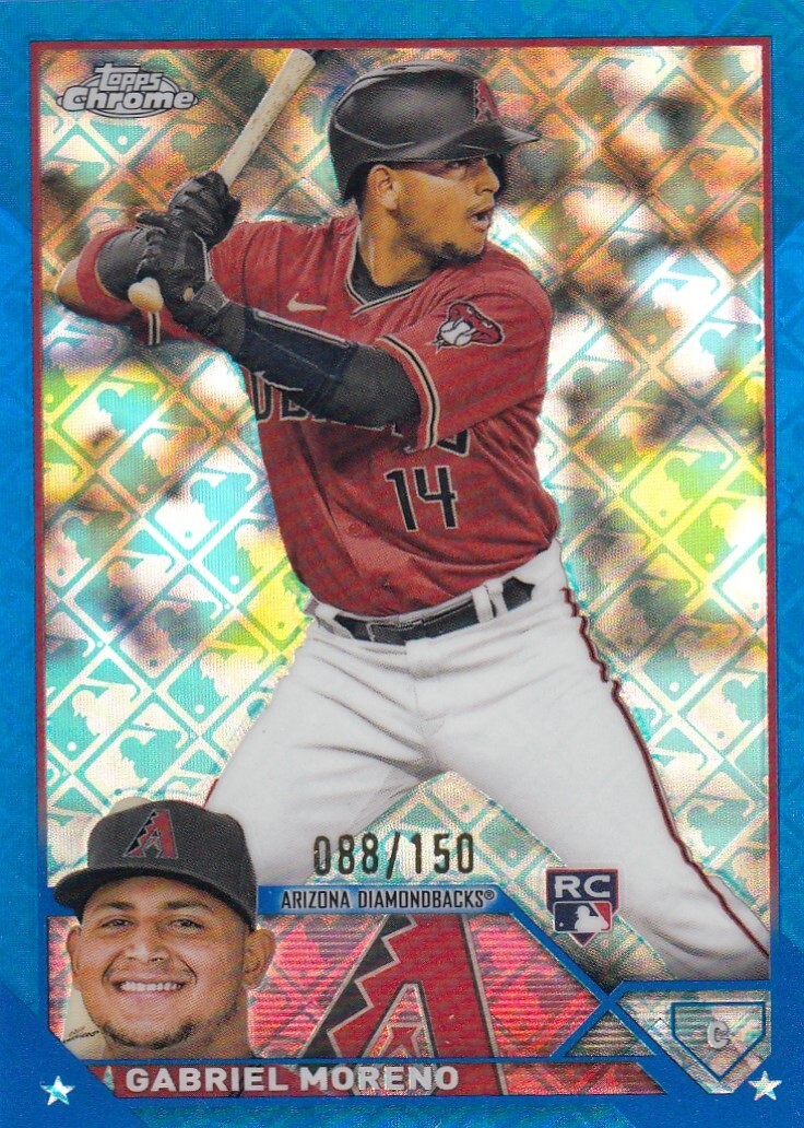 GABRIEL MORENO /150 TOPPS CHROME ROOKIE LOGOFRACTOR BLUE REFRACTOR RC #189 2023