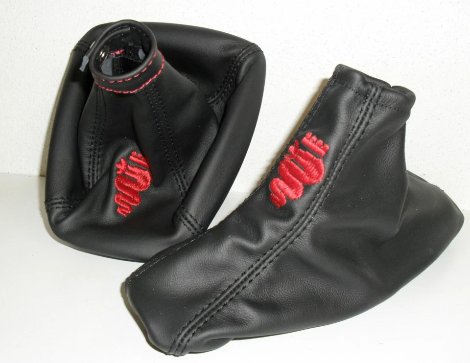 L'ARTE PELLE ALFA ROMEO GIULIETTA CUFFIA CAMBIO E FRENO A MANO in PELLE NERA + RICAMI ROSSI