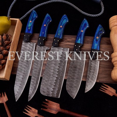 EVEREST 5 PC CUSTOM MADE DAMASCUS STEEL CHEF KNIVES KITCHEN SET W/SHEATH WOOD