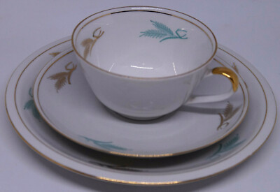 KAHLA 3 Stück Trio Vintage Teetasse Untertasse Teller German Aqua Gold Weizen 1937-57