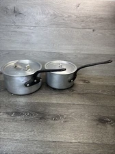 Vintage  French Aluminum Saucepan Hammered Cast Iron Handles 3qt & 2.5qt Set