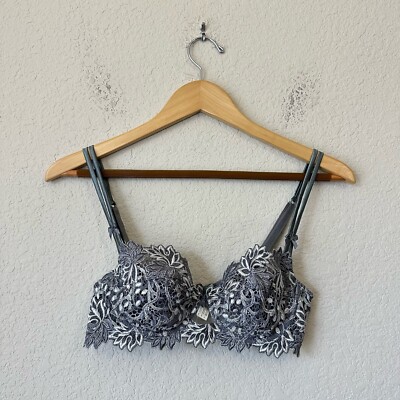 VTG LISE CHARMEL Bra Women Sz 32D Blue Silver Gray Floral Embroidere Underwired