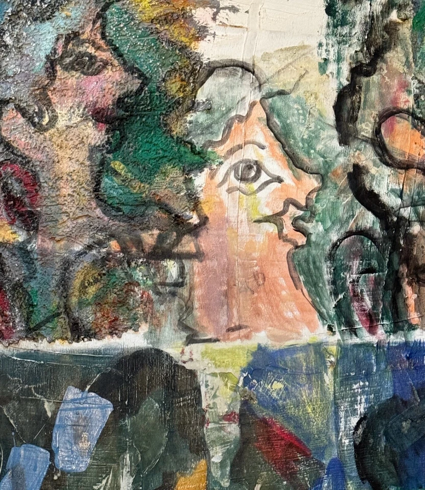 Vintage Textured Abstract Figural Heads Painting Mixed Media Art Signed Pollack - Image 2 of 4