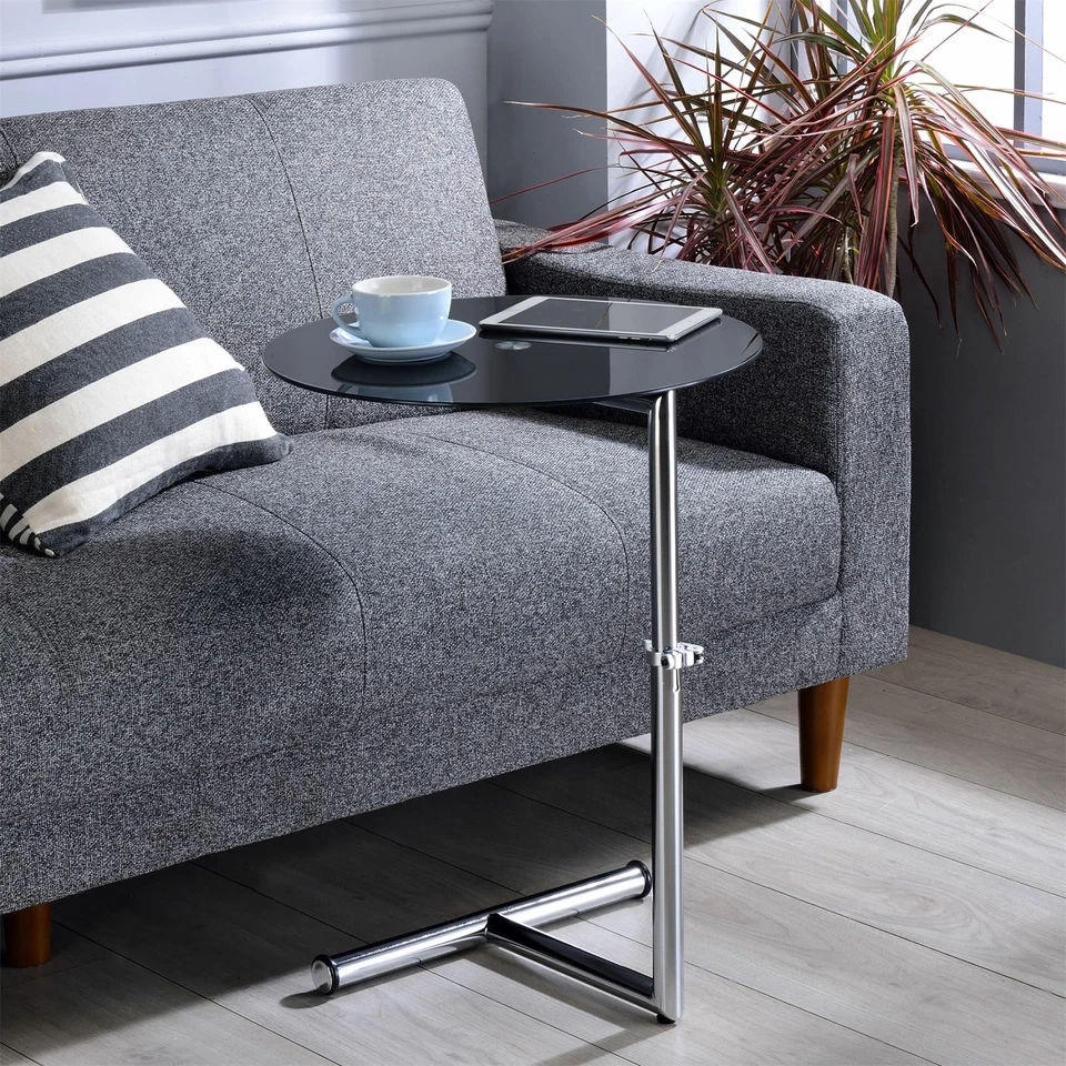 Table d'appoint ronde bout de canapé hauteur ajustable et verre trempé noir - Photo 2/2