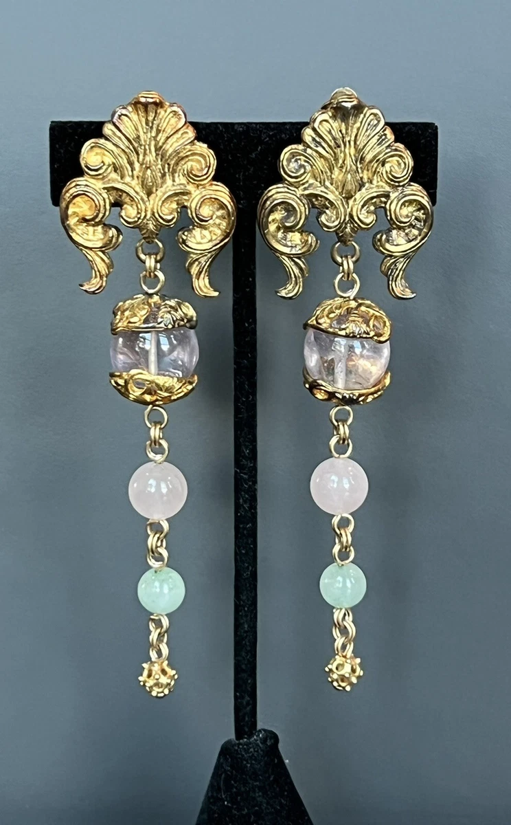 Stephen Dweck Vintage 4 Long Drop Dangle Earrings Sterling Silver Gilt Jade Etc