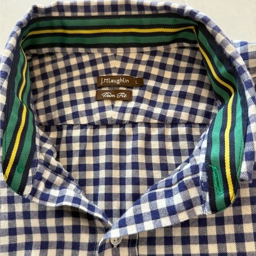 J. McLaughlin Shirt Trim Fit Plaid Check Mens XL Cotton Blue White Button Down - Picture 10 of 11