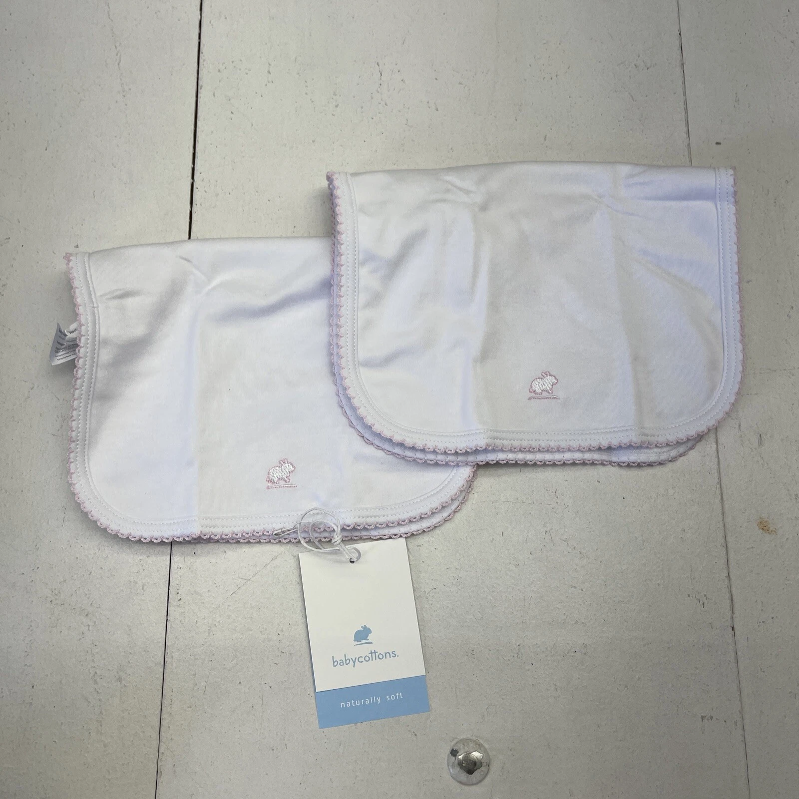 Baby Cottons White Cotton Pink Logo Burp Cloths 9x13” 2 Pack New