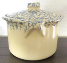 Vintage Roseville OH Spongeware Wheat Pattern RRP Co Crock Bean Pot Blue w/ Lid — photo 3