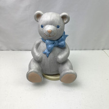 Vintage 1977 Schmid Teddy Bear Music Box Gray Blue Bow Rotating Tune "Tomorrow"